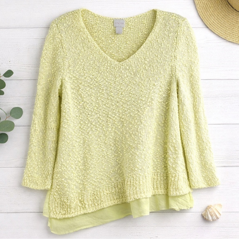Chico’s Women Size 1/Med Yellow Nubby Textured Asymmetric Hem Knit Sweater Top